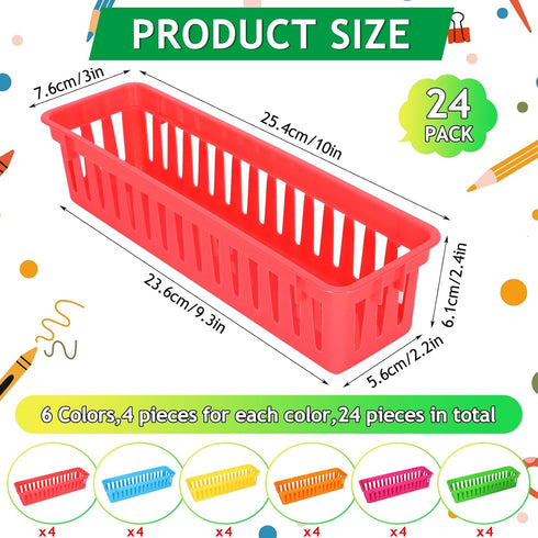 Pencil Basket Tray,24 Pack Plastic Classroom Pencil Organizer Basket,Small Pencil Holder Trays,Colorful Crayon Basket for Classroom Home Office Storage,Organization,9.3" L x 2.2" W x 2.4" H