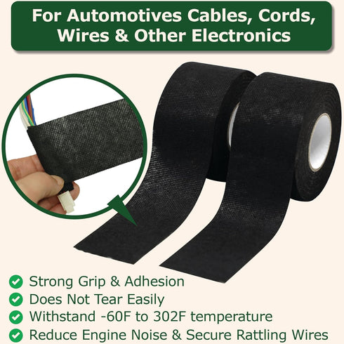 Wire Harness Cloth Electrical Tape, 2 Inch x 50 FT (5 Rolls), Automotive Wire Loom Heat Wrap Tape - High Temperature Fabric Wiring Harness, Heat Resistant & Heat Proof for Car Wires, Radio Wiring