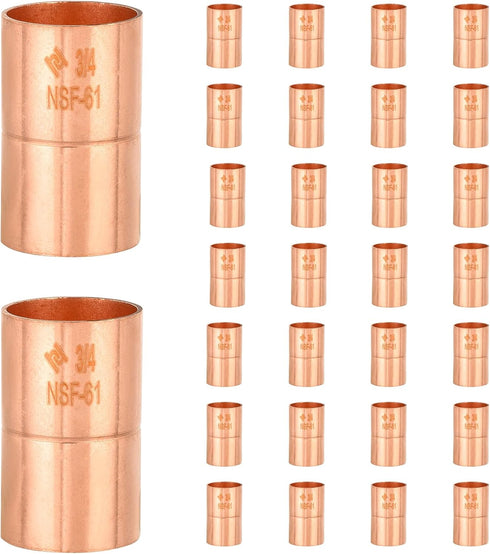 30-Pack Copper Fittings, 3/4-Inch Copper Coupling with Rolled Stop, C x C with Sweat Solder Connection
