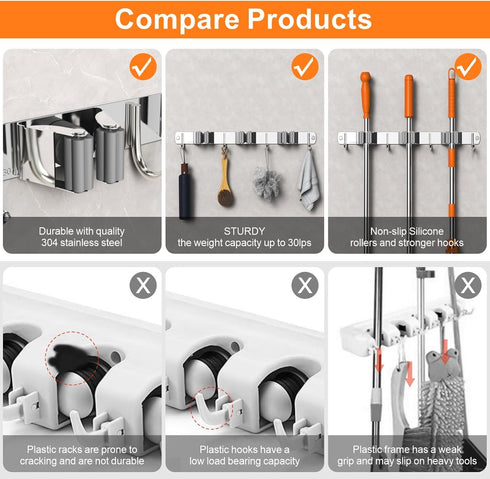Mop and Broom Holder Wall Mount, Upgraded Stainless Steel Organizer with 4 Racks and 5 Hooks