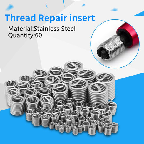 60 Pcs Wire Thread Inserts kit, M3 M4 M5 M6 M8 M10 Stainless Steel Wire Screw Sleeve Thread Repair Kit for Helical Repair, Eliminate Screw Hole Deviation