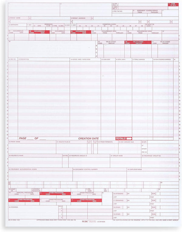 Blue Summit Supplies 500 UB04 Claim Forms, CMS 1450 Health Insurance Claim Forms for Hospitals