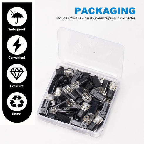 CMLY 20Pcs 2 Double Wire Plug in Connector, Pin LED Light Strip Low Voltage Connector with Locking Buckle, Quick