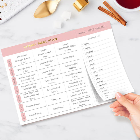 Sweetzer & Orange Weekly Meal Planner Notepad - Pink 10x7” with Tear Off Grocery List for Family Dinner Planning