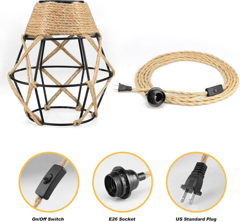 SoodMi Plug in Pendant Light, Industrial Hanging Light with Plug in Cord, Hemp Rope On/Off Switch Farmhouse Pendant