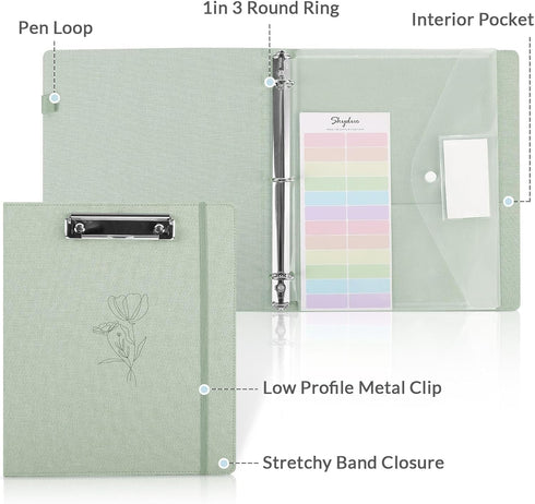 SKYDUE 3 Ring Binder with Clipboard, 1 Inch Linen Binder for 3 Hole Punch Letter Size Paper with 5 Dividers (Olive