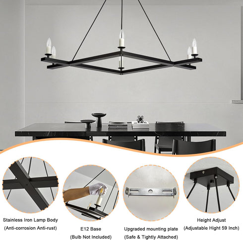Chandeliers,6-Light Fixture,43" Black Farmhouse Square Dining Room Chandelier Light Rectangular Candle Chandelier