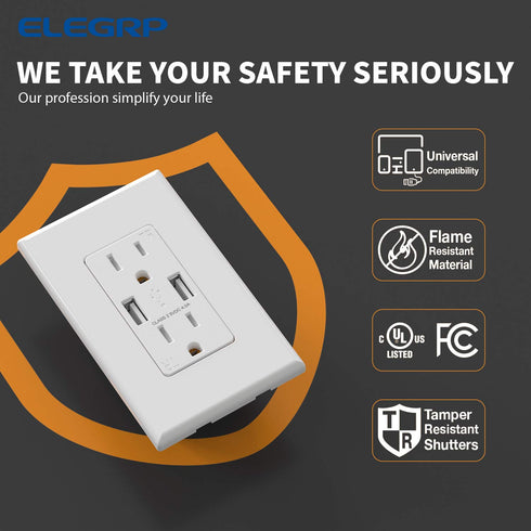 ELEGRP USB Wall Outlet Receptacle, 15 Amp Duplex Tamper Resistant, Dual 4.0 A USB Ports, Glossy White