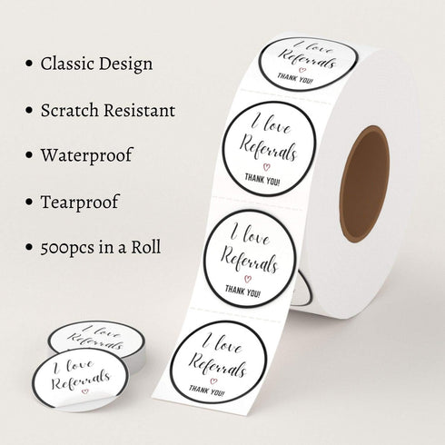 Mobiusea Creation I Love Referrals Stickers Roll | Thank You | 1.5 inch | Waterproof | 500 Labels for Realtor Supplies,
