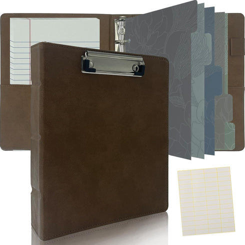 Mini 3 Ring Leather Binder - 5.5 x 8.5 with Clipboard, Vintage Hardback 1 Inch Binder, Portfolio with Notepad