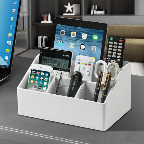 PU Leather Desk Organizer - Luxury Remote Control Holder for Home, Office Desk Accessories, Nightstand Organizer (White)