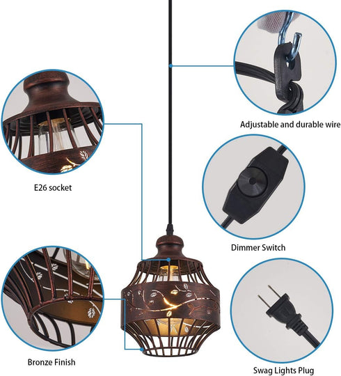 YLONG-ZS Plug in Pendant Lights with 16Ft Hanging Cord and On/Off Dimmer Switch, Farmhouse Industrial Metal Swag