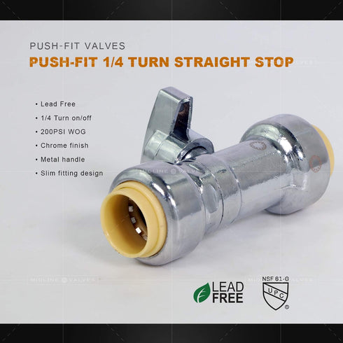 UPSSP1212 1/4 Turn Straight Stop for Push-Fit Valve, 1/2 x 1/2 Inch
