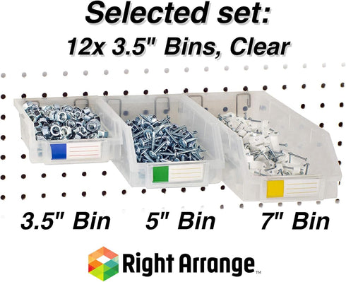 12 Pack Pegboard Bins - Clear - Hooks to Any Peg Board - Organize Hardware, Accessories, Attachments, Workbench, Garage