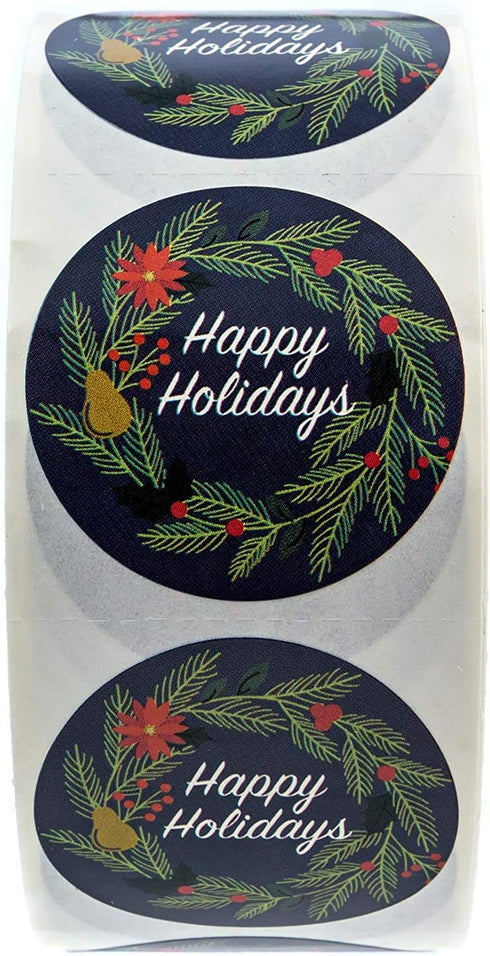 Happy Holidays Stickers, Navy Floral / 1000 Blue Wreath Christmas Labels Roll / 1.5" Round Envelope Seals, Made in USA