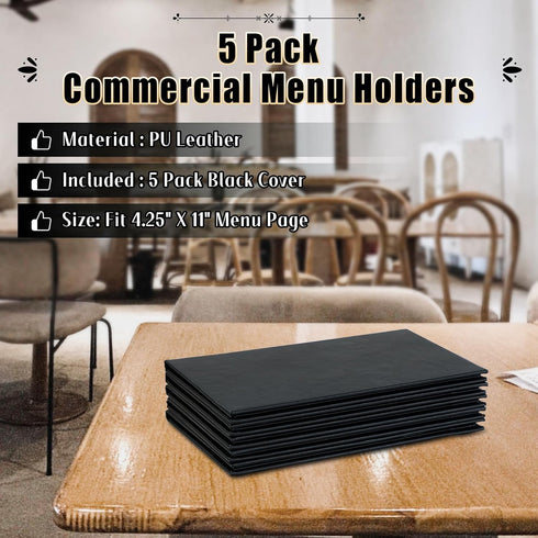 4.25" 11" 5 Pack 2 Menu Covers x View Black PU Leather Restaurant Menu Holders, Double Panel with Angled Corners