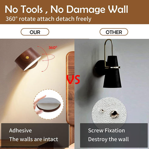 1-Pack 360 Dimmable LANDGOO Wood Wall Sconce, Sapele Wood Magnetic Rotatable Cordless Bedside Lamp, Rechargeable & LED