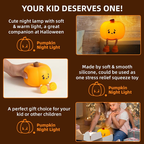 JoviaFesta Dimmable Pumpkin Night Light for Kids, Halloween Jack O Lantern Decor for Kids, Baby Nursery Toddler Squishy