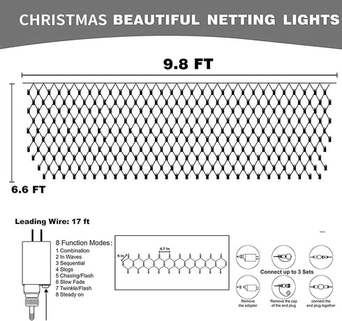200 9.8 6.6 8 Dazzle Bright Christmas LED Net Lights, FT x FT Connectable Mesh Lights Clear Wire with Lighting Modes