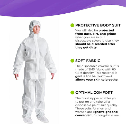 60 Pack 5, AMZ Medical Supply Disposable Coveralls, White SMS GSM, X-large, of Hooded Full Body Suit with Boots