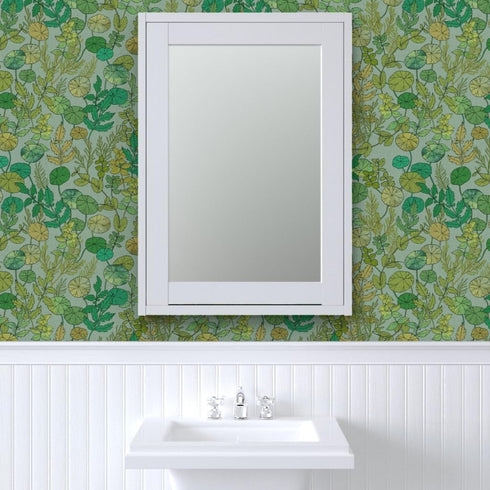 Commercial 1900S Grade Wallpaper Swatch - Green Leaves Mint Plants Gardening Peas Herbs Nasturtium Gardener Rosemary