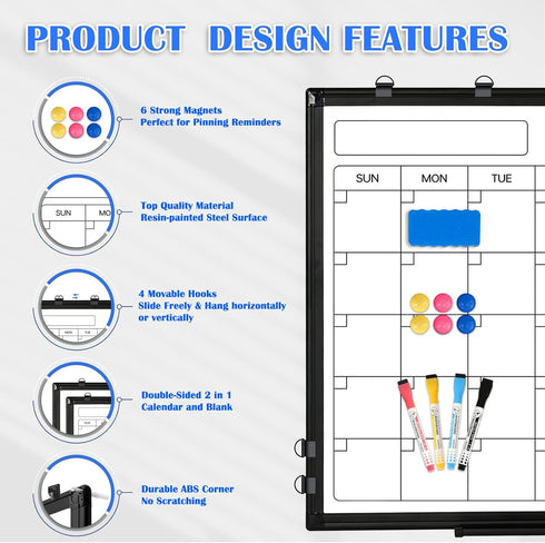 Monthly Calendar Dry Erase Whiteboard 24" x 18", Double-Sided Portable Board with Black Aluminium Frame