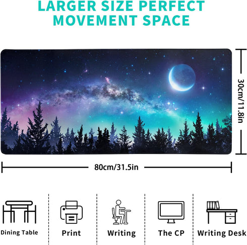 Extended Gaming Mouse Pad, XL Large Keyboard Mouse Mat Desk Pad, Stitched Edges Mousepad, 3mm Thick Long Non-Slip Rubber Base Mice Pad, 31.5 X 11.8 Inch, Forest Moon Galaxy