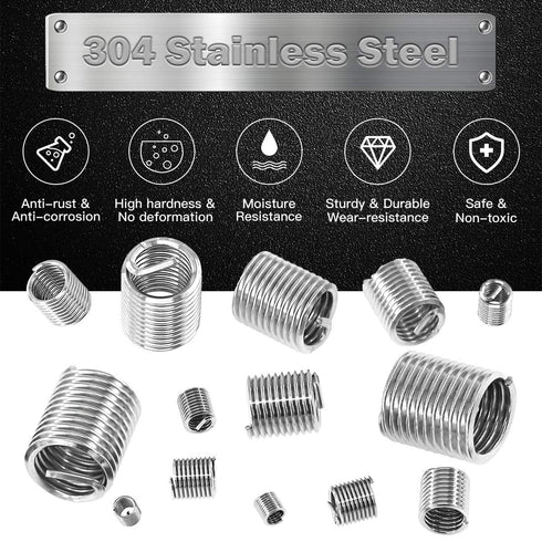 200 Pcs Wire Thread Inserts Kit, 304 Stainless Steel Metric M3 M4 M5 M6 M8 M10 M12 Helicoil Thread Repair Kit