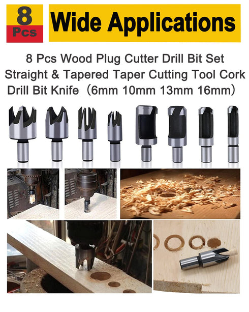 Rocaris 8pcs Wood Plug Cutter Drill Bit Set, Straight and Tapered Cutting Tool, 6mm 10mm 13mm 16mm