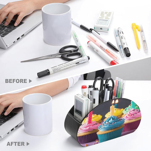 JTREHY 5 Colorful Happy Birthday Cupcakes Remote Control Holder Compartments Remote Caddy Tray PU Leather TV Remoter