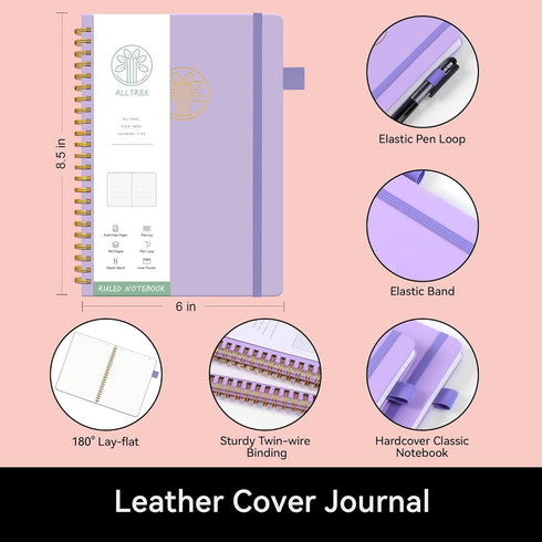 Lined Journal Notebook, Spiral Notebook, A5 Medium, Leather Hardcover, ALLTREE Twin Wire Spiral Bound, 160 Pages