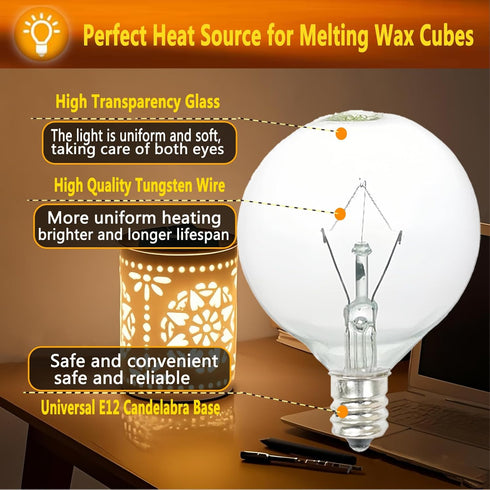 Snnalosses 40W Bulbs,Wax Bulbs,E12 120 Bulbs White,G50/120V,6 Packs Light Warmer Candelabra Base Volt Round Light