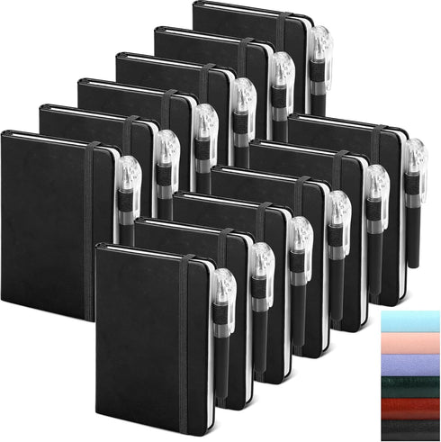 Small College Ruled Notebook 12 Pack, Black 3.7x5.7 in Pocket Notebooks, Mini Hardcover Lined Note Pads with Pens