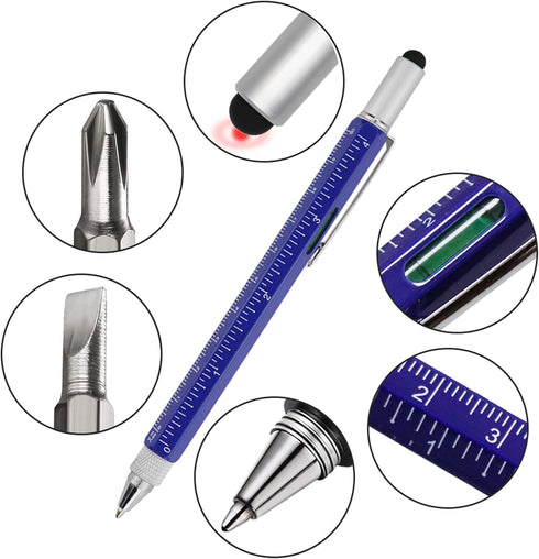 HeTaoCat Metal Multi-tool - 6-in-1 Stylus Pen with Screwdriver, Ruler, Bubble Level, and Ballpoint Pen (Blue)