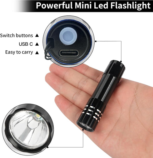 12 Pack Mini Small LED Flashlights USB C Rechargeable Flashlights Bulk Portable Ultralight Camping Bright High Lumens