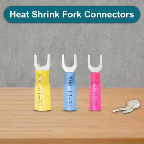 180PCS Fork Connectors Heat Shrink, Tinned Copper Fork Terminals Waterproof for 10, 12-10, 16-14, 22-16 Gauge