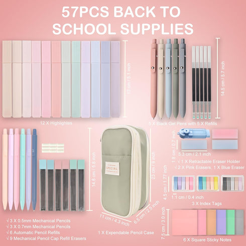 Back to School Aesthetic Supplies - 57Pcs Cute School Essentials - Big Capacity Pen Case & Pastel Highlighters