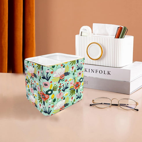 Pen Holder for Desk, Ceramic 2 Compartments Gold Garden Floral Pencil Holder, Women Organizer for Office Home