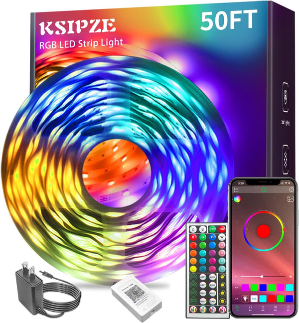 KSIPZE Led Lights for Bedroom 50ft Led Strip Lights with Remote RGB