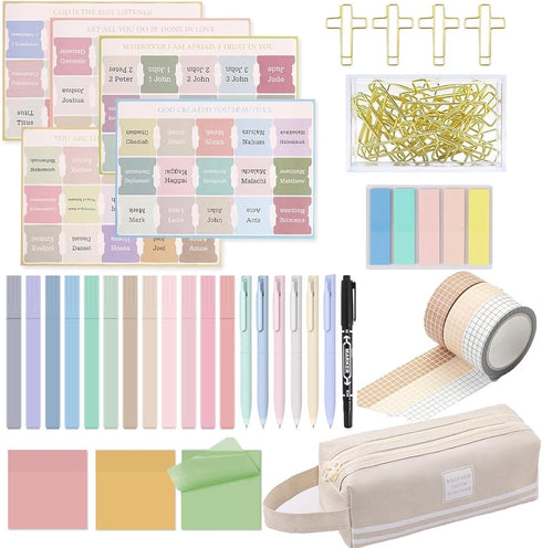 Bible Study Kit with Bible Journaling Supplies, Highlighters, Gel Pens, Bible Tabs, Tapes, Sticky Notes, Paper Clips,