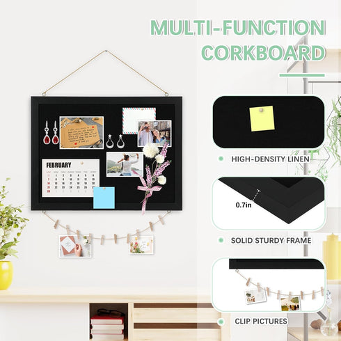 DOLLAR BOSS Large Black Cork Board - Double-Sided Bulletin Board with Linen 24''x 18'' for Office Home School