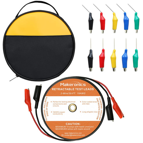 Makeronics 30FT 18AWG Retractable Test Leads with Dual Ended Alligator Clips for Electrical Testing and Troubleshooting
