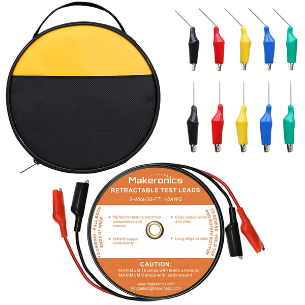 Makeronics 30FT 18AWG Retractable Test Leads with Dual Ended Alligator Clips for Electrical Testing and Troubleshooting