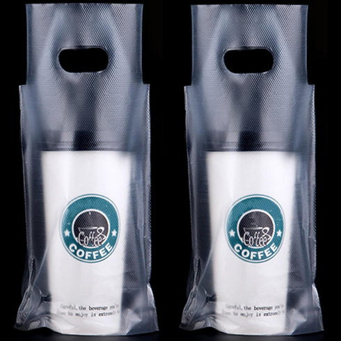 500 Pack Packaging 6"L 11"H DEAYOU Handle Drinking Poly Bags, Clear Cup Carrier with Handle, Plastic Drink Bags Cup
