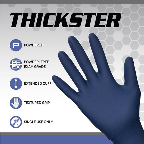 Thickster Powdered Latex Disposable Gloves. Size X-Large. Blue Color, 14 mil Thickness, 12" Length. Fully Textured for Superior Grip. Single Use. Pack of 50. (6604)