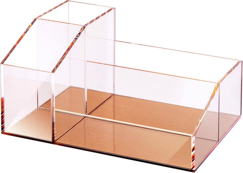 Clear Acrylic Makeup Brush Organizer with Metallic Rose Gold Base, 4 Compartment Office Organizers for Desk and