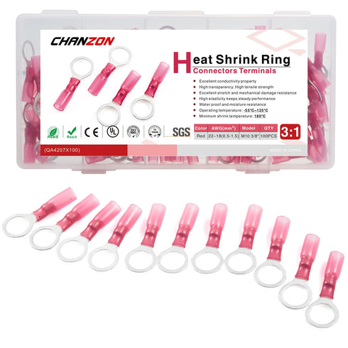 Chanzon 100pcs M10 Heat Shrink Ring Terminal, 3/8" inch, UL Listed, 22-16AWG, Waterproof Marine Grade Electrical
