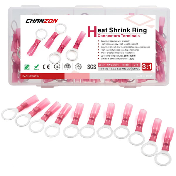 Chanzon 100pcs M10 Heat Shrink Ring Terminal, 3/8" inch, UL Listed, 22-16AWG, Waterproof Marine Grade Electrical