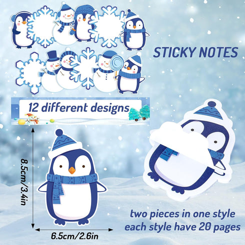 Whaline 24Pcs Christmas Sticky Note 12 Designs Winter Cartoon Self-Stick Notepads Snowman Snowflake Penguin Decorative Memo Pad Notes Removable for Xmas Work Study Home Office Classroom