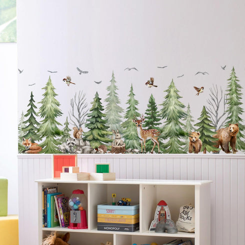 LiveGallery Removable Forest Tree Wall Decal, Woodland Wildlife Mural Wall Sticker, Peel and Stick Pine Tree Animals